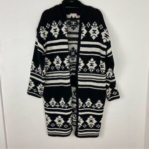 Knox Rose Black Cream Duster Cardigan Longline Boho Aztec Western Cowgirl Medium